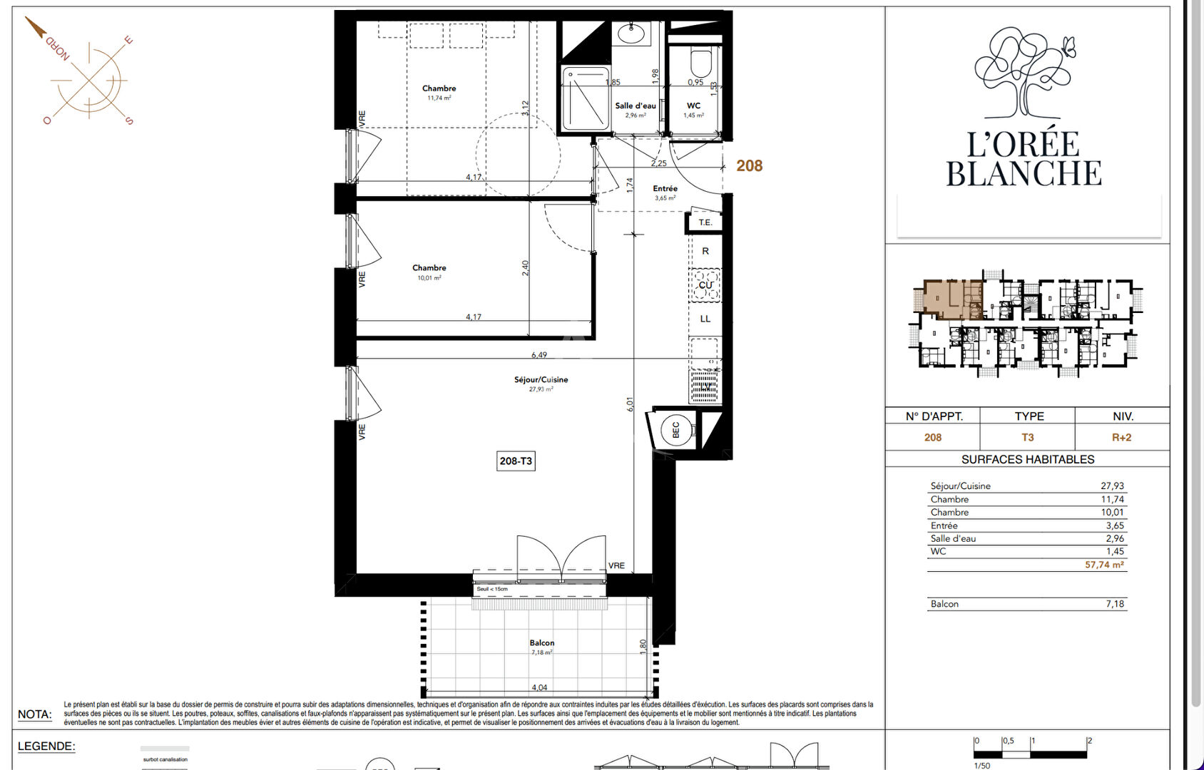Appartement CHAMBRAY LES TOURS (37170) 3 pi&egrave;ces 57.74 m&sup2;