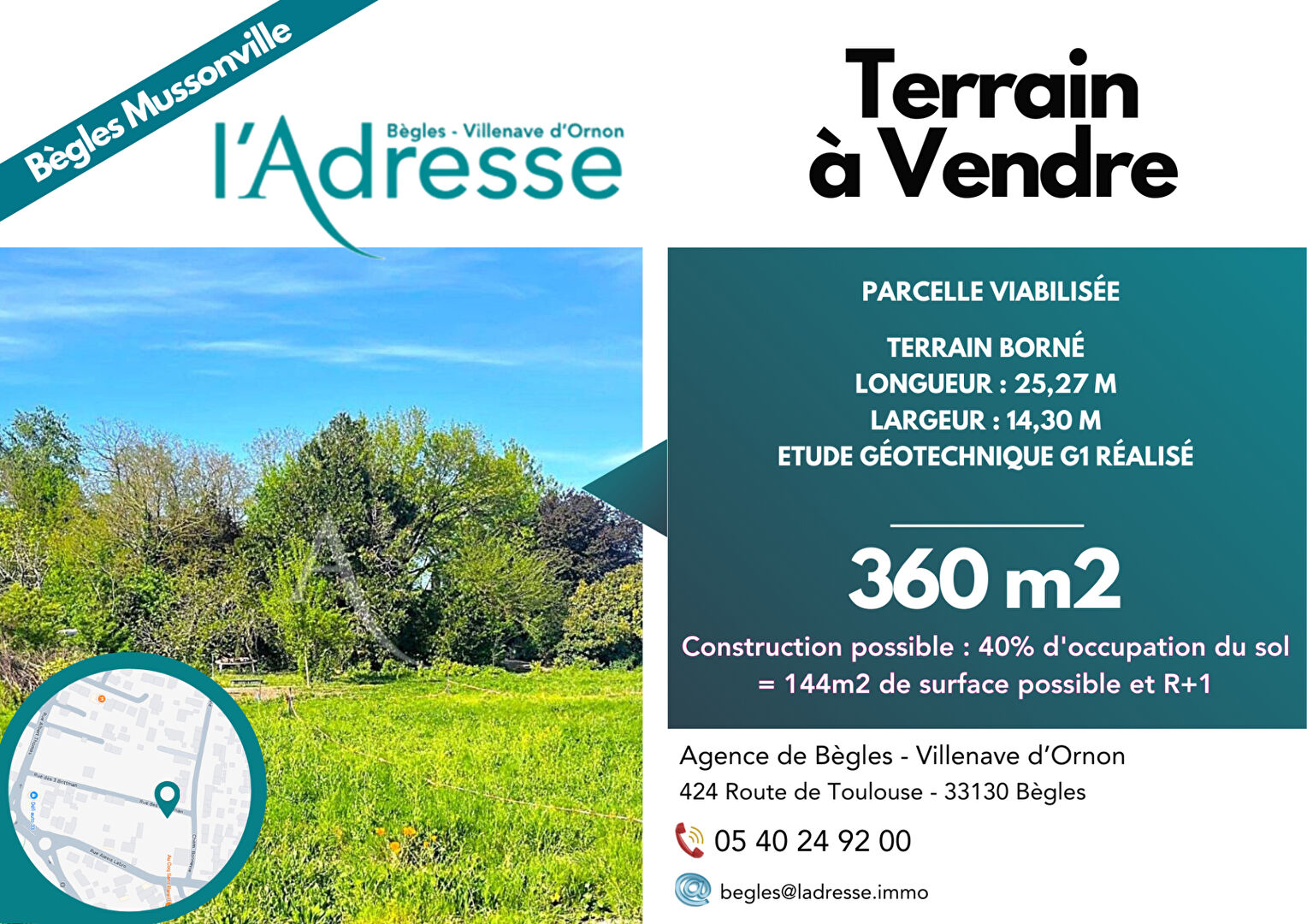 Terrain BEGLES (33130) 1 pi&egrave;ce 360.00 m&sup2;