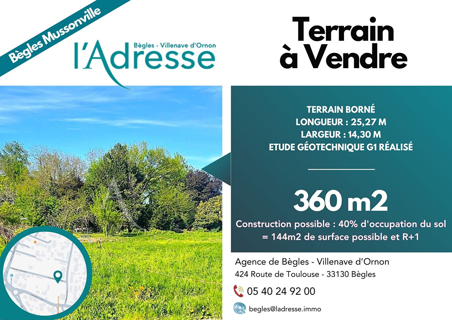 Terrain BEGLES (33130) 1 pi&egrave;ce 360.00 m&sup2;