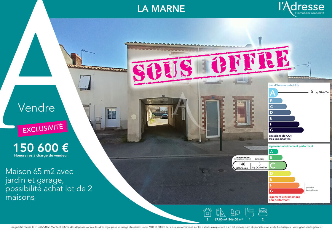 Maison LA MARNE (44270) 3 pi&egrave;ces 67.00 m&sup2;