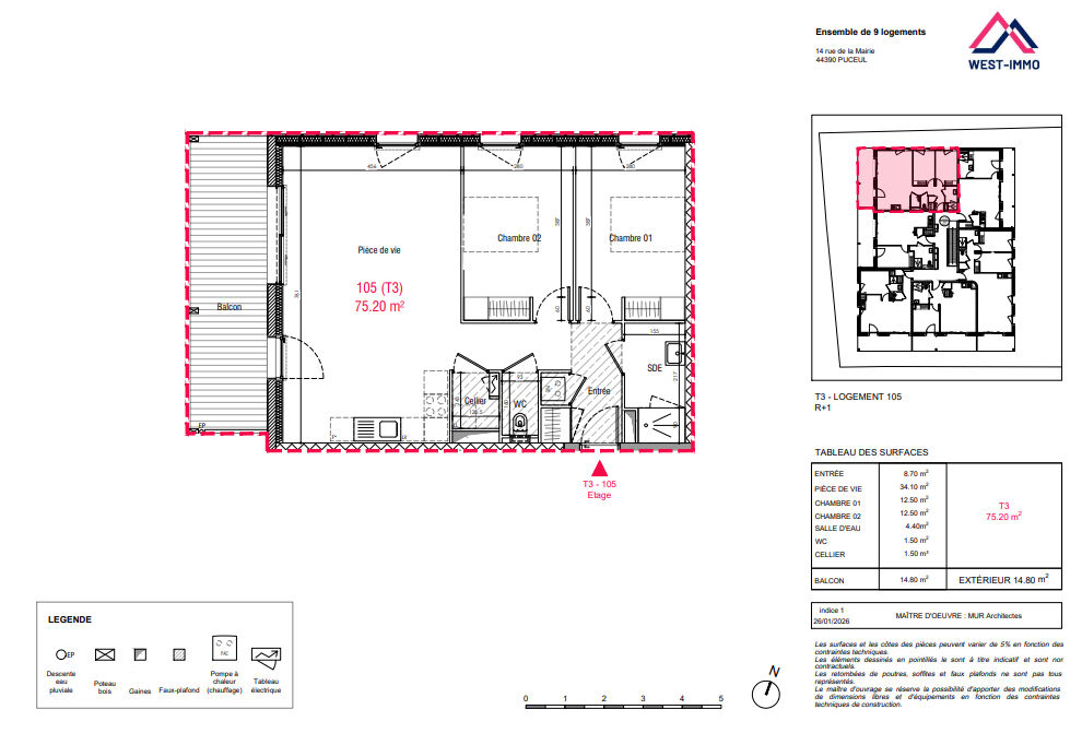 Appartement NOZAY (44170) 3 pi&egrave;ces 75.20 m&sup2;